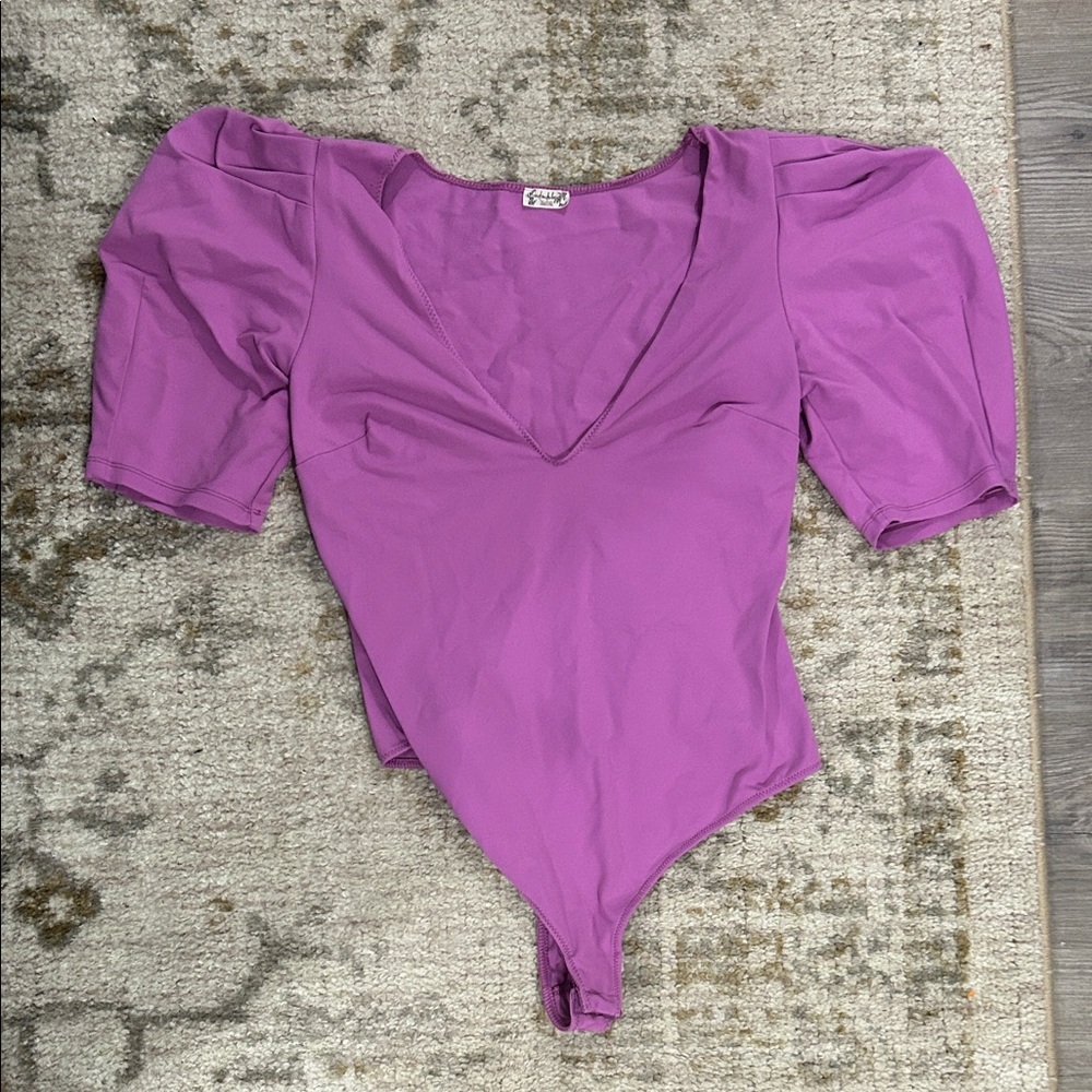 Free People Intimately Va Va Voop Bodysuit in Wildberry Puff Sleeves and Vneck